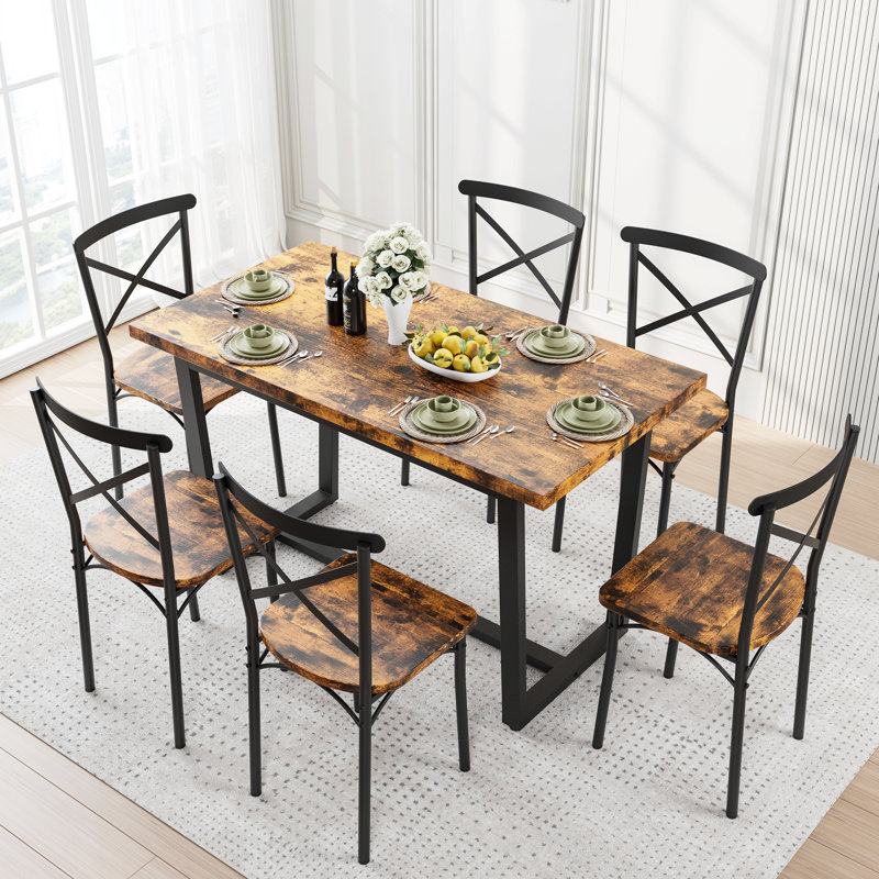 Ensemble de table de salle à manger 7 pièces 7 pièces Parfait pour la cuisine, le coin-repas et le salon, Brun / Noir