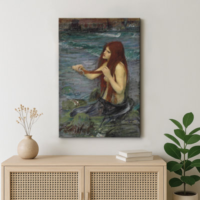 Mermaid by the Sea Vintage Artwork, Romantic Mythical Ocean Pictures, Framed Canvas Giclee Print Wall Art