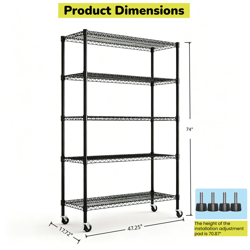 Étagère robuste à 5 niveaux en fil métallique, support de rangement réglable en métal avec roues d'une capacité de 1650 lb, tablettes en acier au carbone pour le garage, la cuisine et l'entrepôt
