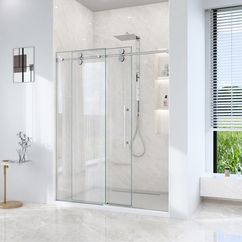Porte de douche coulissante simple sans cadre de 44 à 48 po x H 76 po - Verre trempé transparent de 5/16 po (8 mm), conception à dérivation avec finition chromée