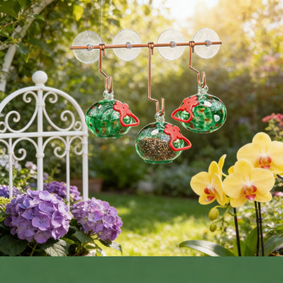 Mangeoire à colibri pour fenêtre avec ventouses, mangeoire à oiseaux en verre soufflé à la main pour l'observation des oiseaux en plein air, comprend un crochet en métal pour le jardin ou la cour