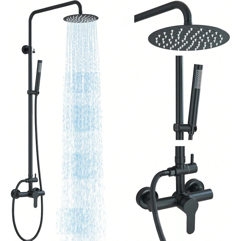Ensemble de douche extérieure noir mat, système de douche mural avec pommeau de douche effet pluie de 20 cm, robinetterie monocommande en acier inoxydable 304 pour salle de bain ou jardin.