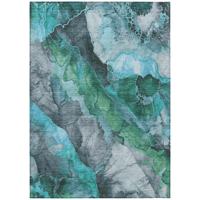 Machine Washable Indoor/Outdoor Xhevrie Teal Rug