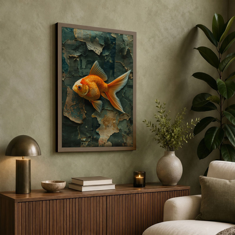 Solitary Goldfish Coastal - Wrapped Canvas, 30x20 - 76.2 x 50.8 cm, Black Border