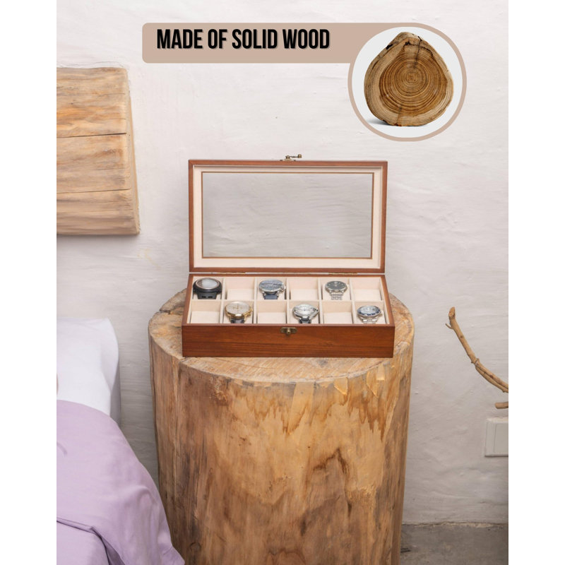 Walnut Wooden Watch Box with Glass Lid and Linen Lining