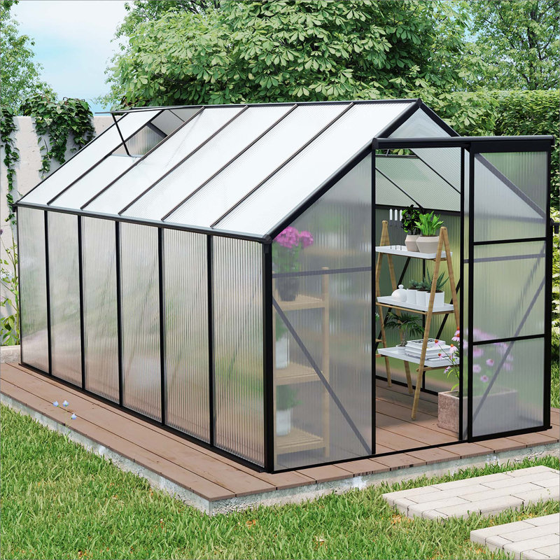 6X8 FT Polycarbonate Greenhouse Raised Base And Anchor Aluminum Heavy Duty  Greenhouses, 6.4' H x 6.2' W x 12.2' D, Black