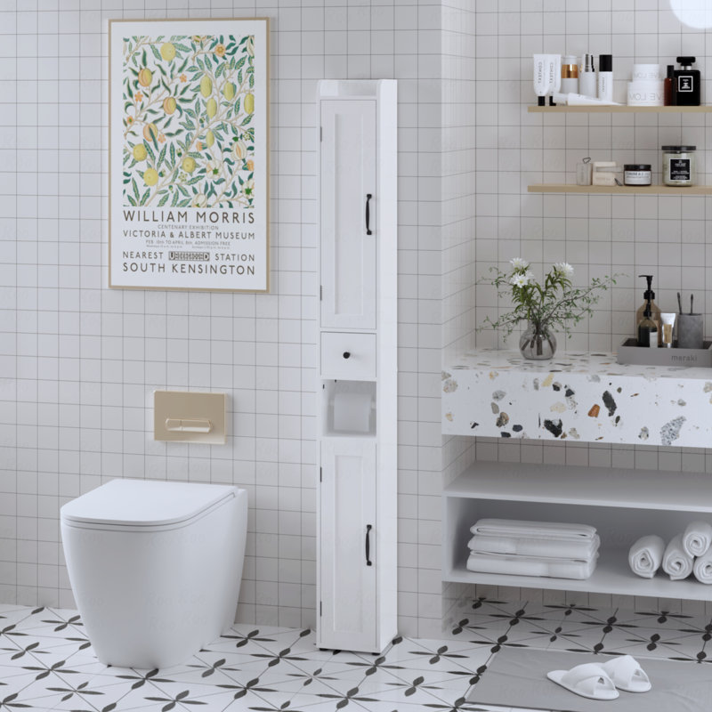 Armoire de rangement pour salle de bain de 67,51 po de hauteur avec tablettes réglables, armoire autoportante mince à 2 portes avec anti-basculement et compartiments ouverts