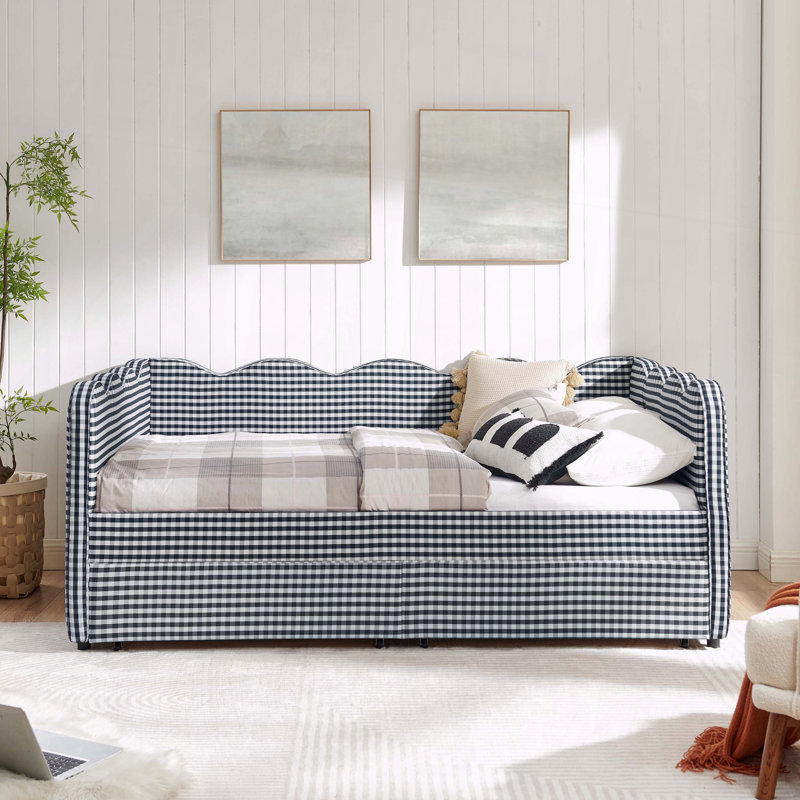 Gingham Daybed Storage Drawers USB Port Wave Shaped, Full , Navy Blue