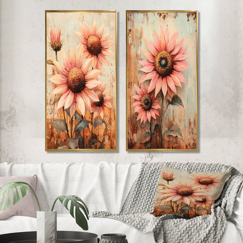 Collection de 2 panneaux d'art rétro floraux rose Sunrise Sunflowers I, H 28 po x l 25 po, Cadre flottant doré