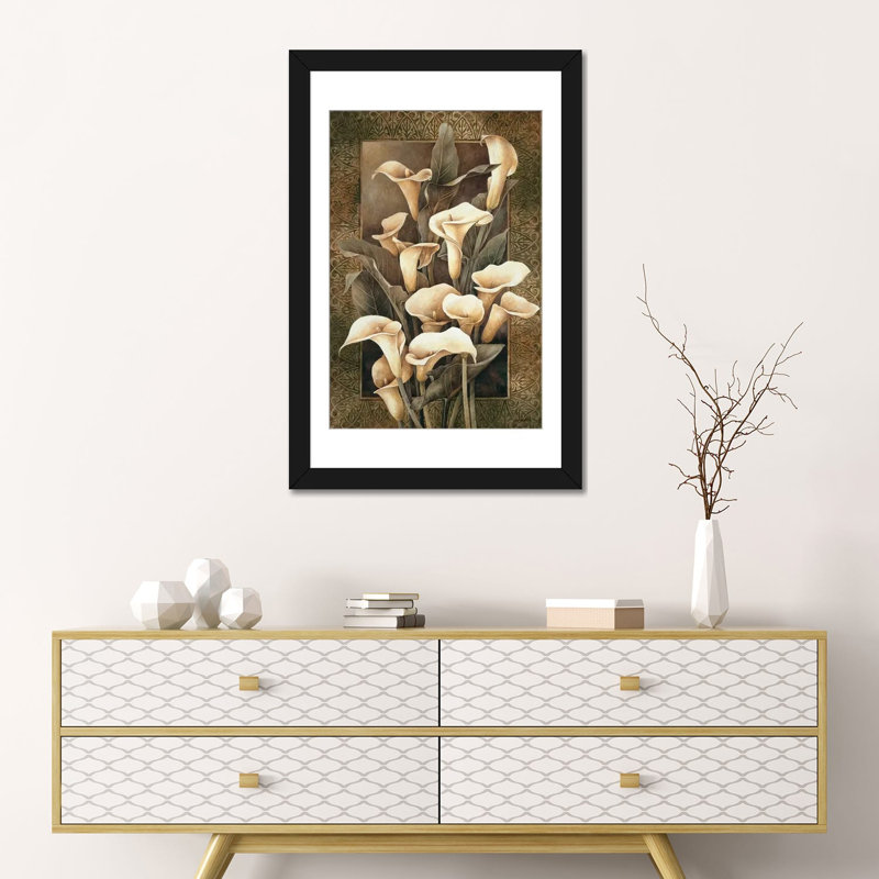 « golden calla lilies », impression sur toile, H 24 po x l 16 po x P 1 po, Papier d'art encadré noir, Blanc