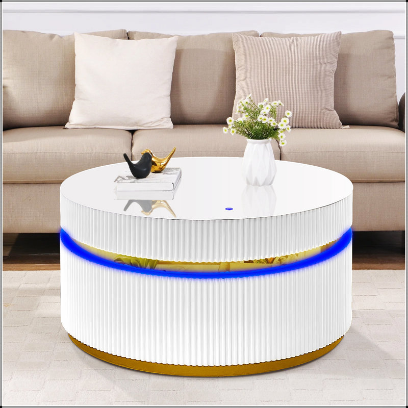 Table basse ronde blanche avec plateau en verre et lumières DEL, parfaite pour les salons modernes et élégants