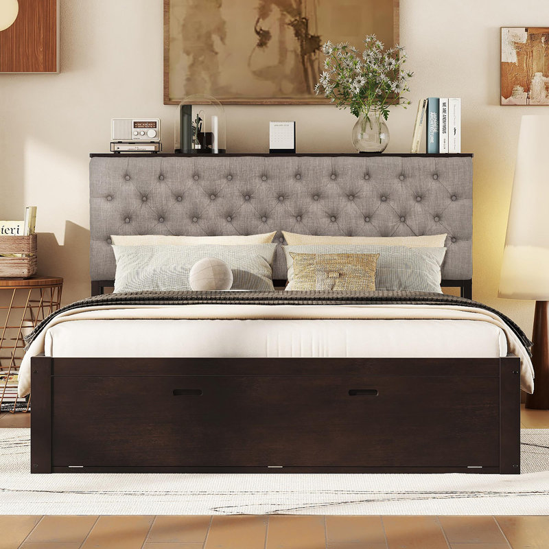 Grand lit plateforme en bois avec tête de lit, étagère à chaussures et 4 tiroirs, espresso