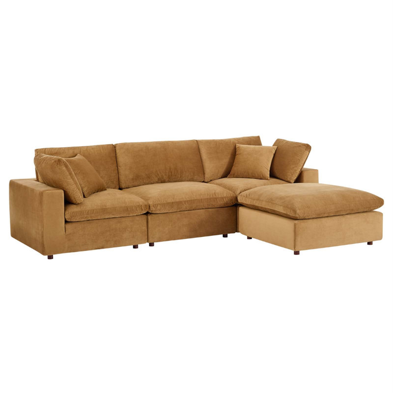 Commix Wide Velvet Reversible Corner Sectional with Ottoman, Cognac