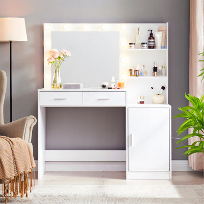 Bureau de coiffeuse avec miroir et lumières, coiffeuse 46,4 po avec 2 grands tiroirs et grand organisateur vertical, commode à 3 niveaux et 3 modes d'éclairage à luminosité réglable, convient à la chambre à coucher (blanc)