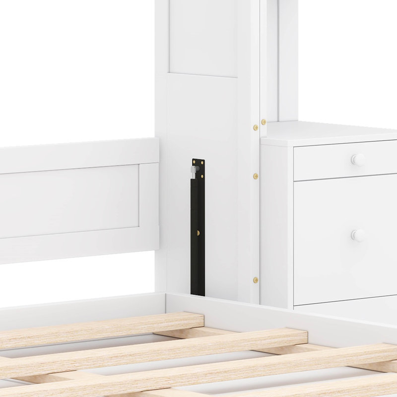 Grand lit escamotable avec bureau, tablettes de rangement et armoires, Blanc