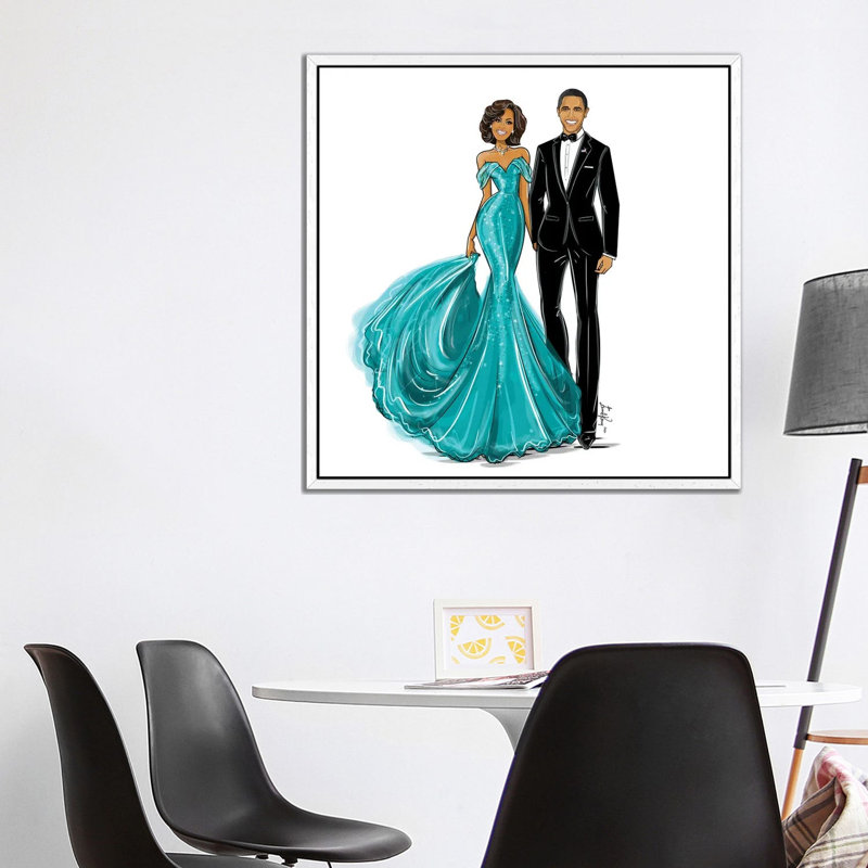 Michelle And Barack Obama by Emma Kenny - Print on Canvas, White Framed, 93.98 cm H x 93.98 cm W