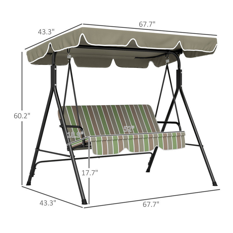 Balancelle de jardin 3 places, coussins et auvent beiges et verts, Beige & Green