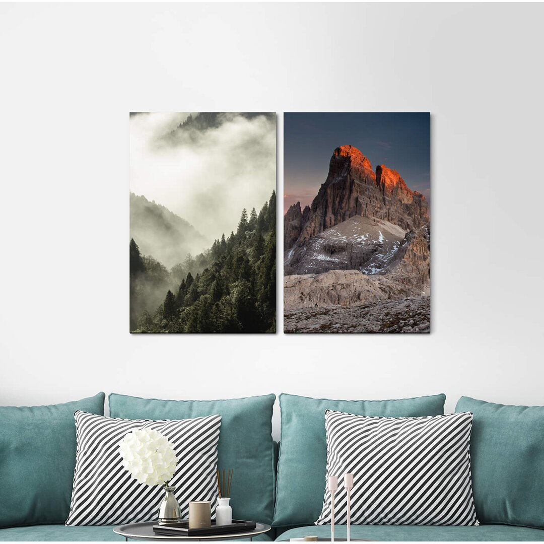 2-tlg. Leinwandbilder-Set - Fotografie „Dolomites Fir Forest Fog Clouds Nature Silence Calming”