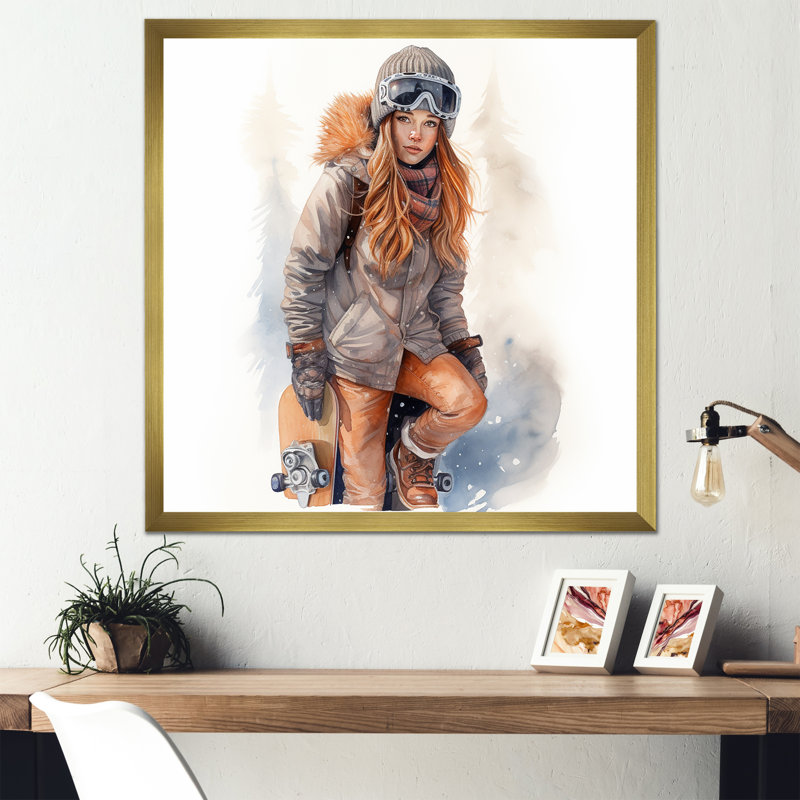 «Skateboarder Charm In Winter I», reproduction sur toile, Cadre doré simple, H 16 po x l 16 po x P 1 po