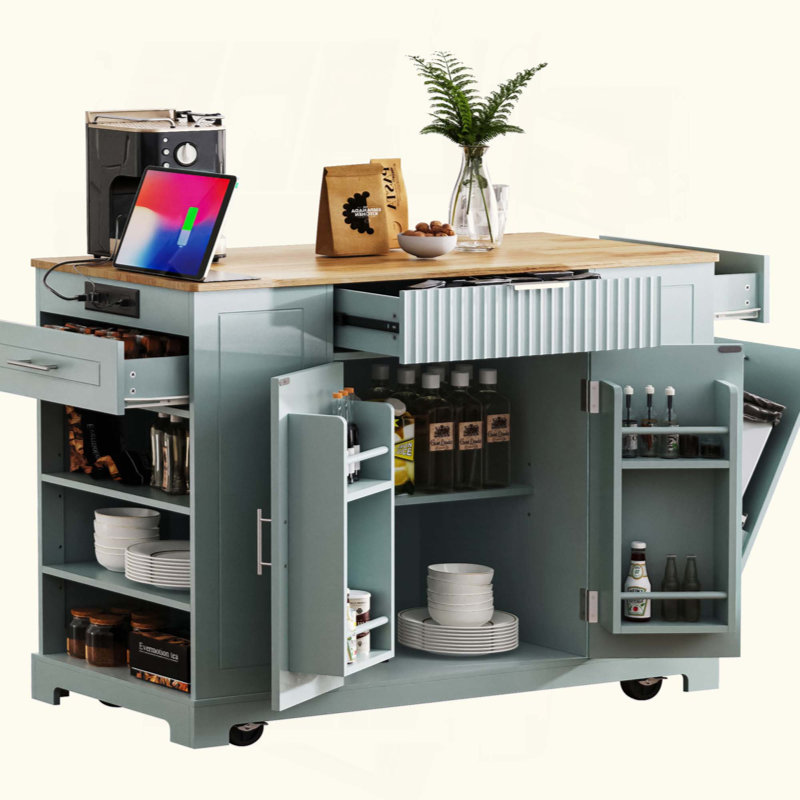 Kitchen Island With Trash Can Storage Cabinet, Power Outlet, Internal Storage Rack, Rolling Kitchen Islands On 5 Wheels With 3 Drawer, 3 Open Side Racks For 10 Gallon Garbage Bin