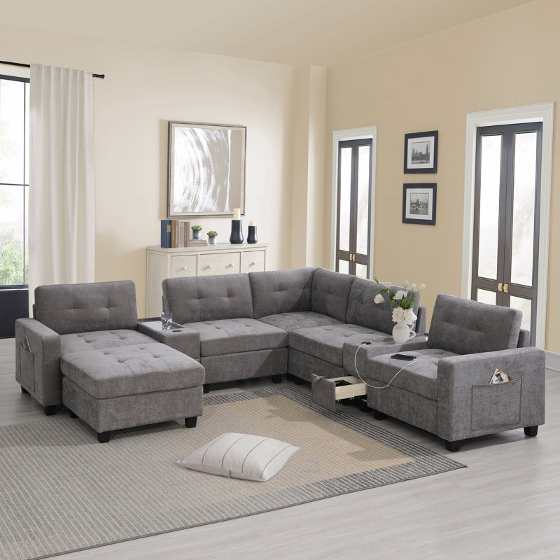Canapé modulaire Basic, canapé de 104 po avec plateau en acrylique, ensemble de canapé en U en chenille avec 2 consoles, chargeur USB, tiroirs et poches de rangement, repose-pieds mobile, canapé capitonné