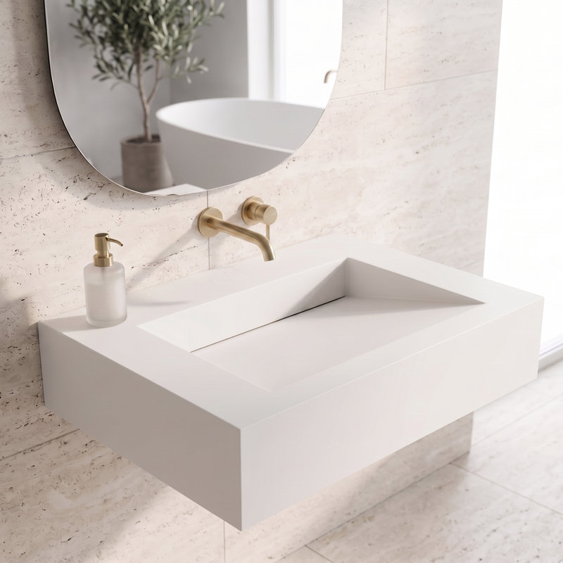 Pyramid 36" Wall Mounted Rectangular Solid Surface Bathroom Sink in Matte Finish - White, No Faucet Hole, White, No Hole