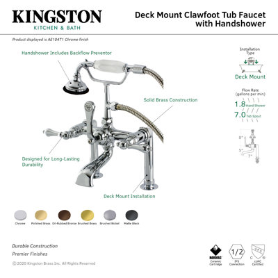 Robinet pour baignoire à pattes à 3 poignées et fixation sur le comptoir à 3 trous et cuivres Kingston