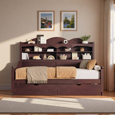 Wooden Daybed With 2 Storage Drawers And Storage Headboard Shelving