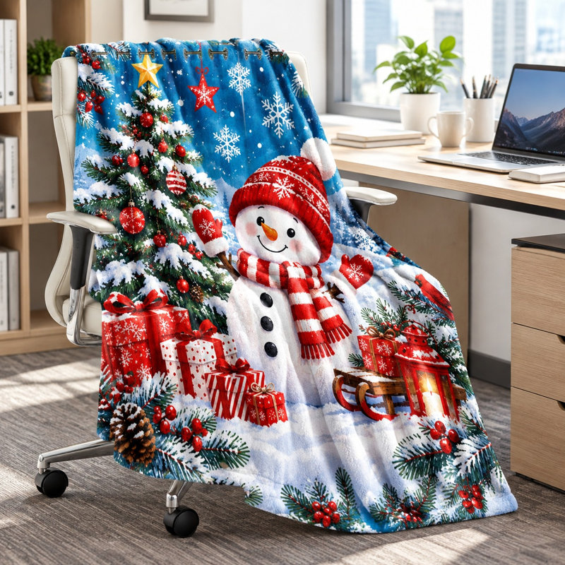 Christmas Snowman Fleece Blanket, Cozy Winter Holiday Snow Scene Bed Blanket for Sofa Couch Bedroom Living Room Home Decor