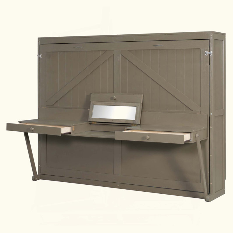 Lit escamotable mural avec rangement, armoire-lit pliable avec coiffeuse, miroir central et 2 tiroirs latéraux, Gris