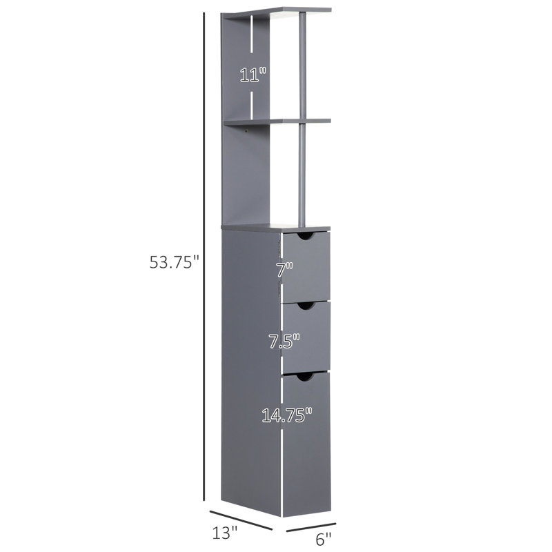 Grey Bathroom Tower Cabinet, 54" Tall. 2 Shelf & Drawers Storage. Space Freestanding Unit. Solid Construction. Wall Mountable For . Holds Linen Essentials. 13" W X 53.75" H. 22 Lbs. Assembly Needed