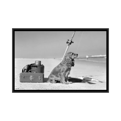 «Vintage Images Cocker Spaniel», chien de garde sur deux poissons pêchés et équipement de pêche - reproduction de photo sur toile tendue