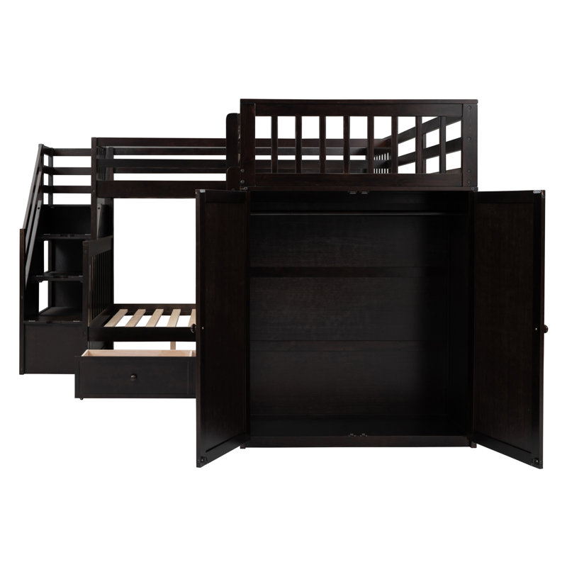 Lit superposé simple au-dessus d'un lit double en L avec 3 tiroirs, bureau portable et garde-robe, espresso, Espresso
