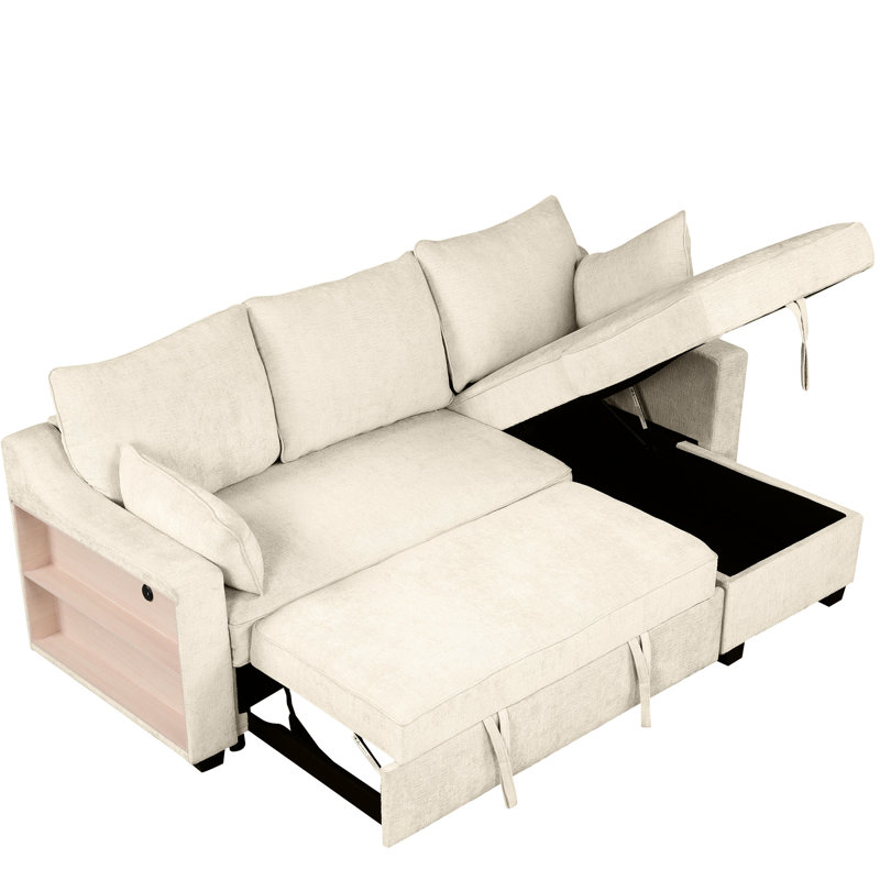 Canapé avec poulie inférieure et espace de rangement, ports convertibles inclus, tissu chenille, Chenille beige