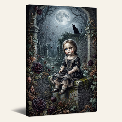 «Creepy Doll in Dark Garden with Spiders and Roses», art mural sur toile