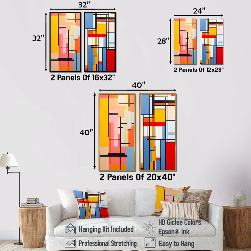 Ensemble de 2 décorations murales géométriques pastel De Stijl, H 32 po x l 33 po, Cadre flottant brun
