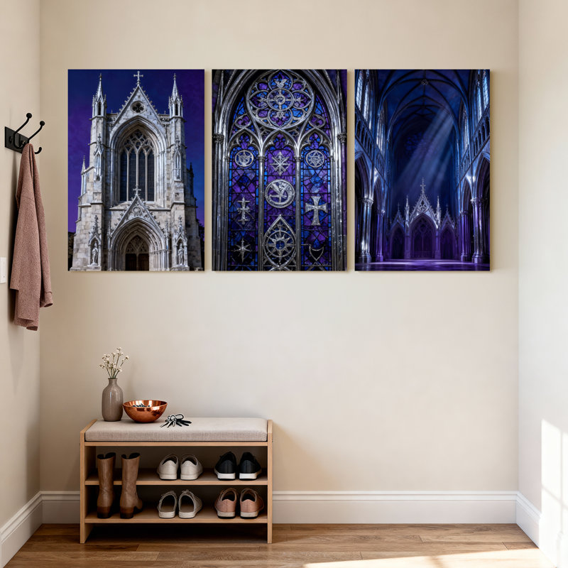 Abstrait ensemble de 3 impressions sur toile en verre coloré cathédrale gothique abstrait, H 18 po x l 36 po