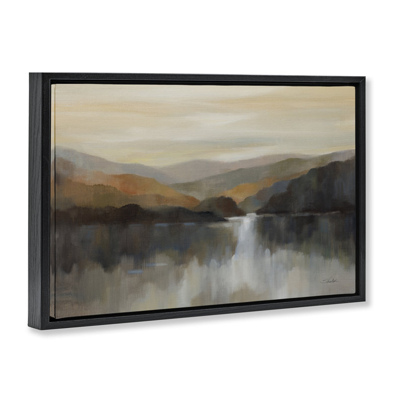 Cadre flottant abstrait Autumn Glow Mountain, design par Silvia Vassileva, H 21 po x l 31 po, Cadre flottant noir de jais