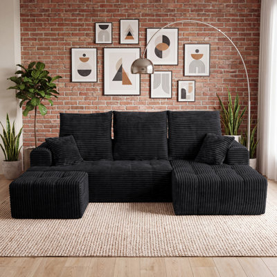 Canapé deux places compressé à un accoudoir, 178 cm de largeur — Élément modulaire unique, méridienne en velours côtelé pour élément de canapé d'angle modulaire avec ressorts ensachés et 2 coussins, canapé sans assemblage pour salon et salle multimédia, noir