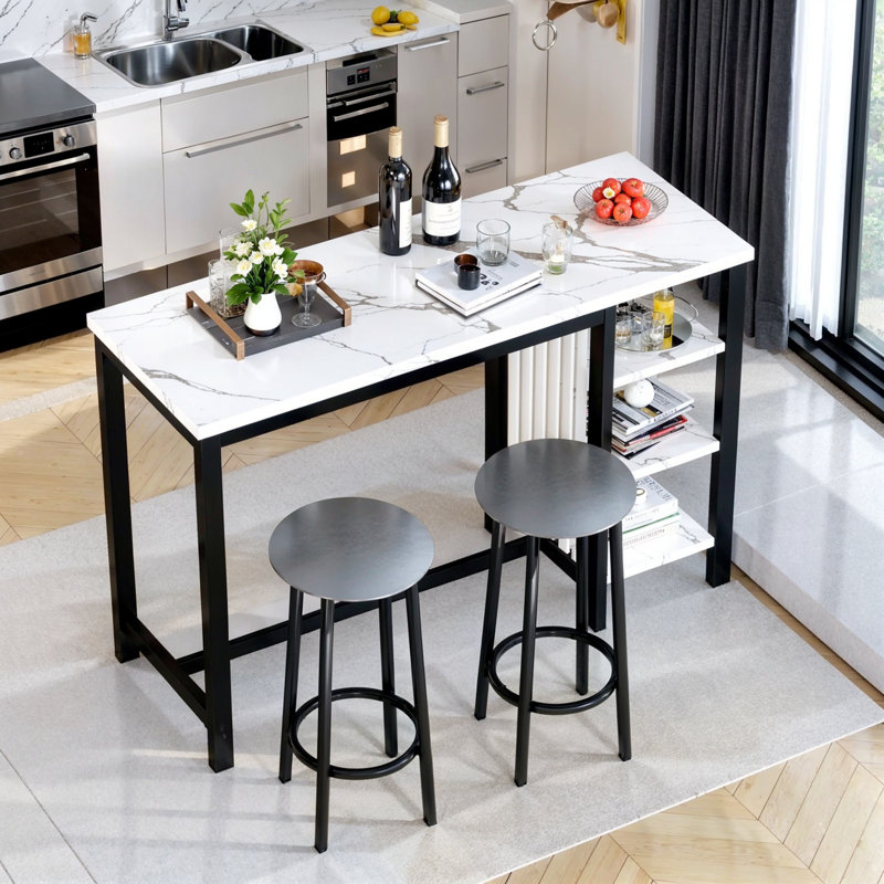 Bar Table Set For 2 With Storage Shelves, 4-Tier Faux Marble Bar Height Table With 2 Grey Velvet Upholstered Stools, Modern 3-Piece Dining Table Set Of 2 For Kitchen, Home, Studio, Office