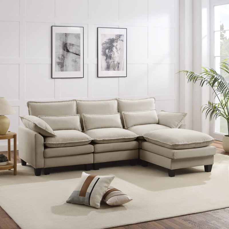 4-piece L-shaped upholstered sectional sofa, Beige Velvet