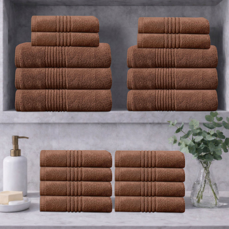 Ensemble de serviettes de bain 100% coton Phoebe 500 g / m² à zéro torsion Home Weavers, 16 po x 24 po (12), 27 po x 54 po (6) (6 serviettes de bain, 12 serviettes de bain), chocolat