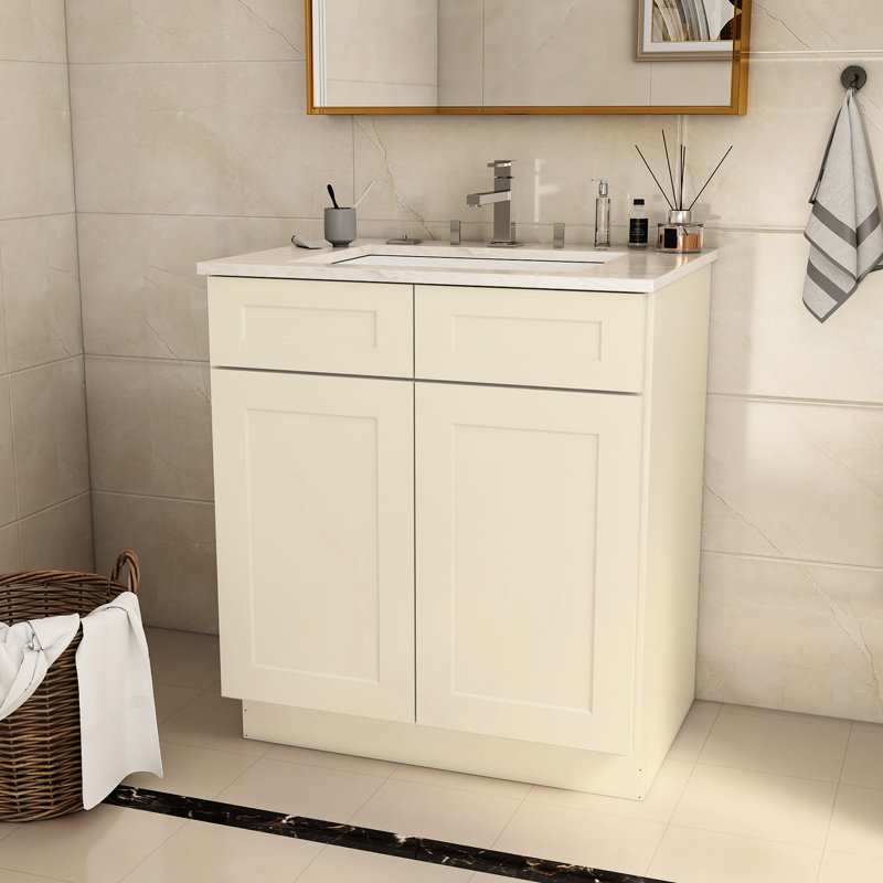 Armoire de base 30 po x 21 po x 34,5 po en contreplaqué blanc antique pour salle de bain et de cuisine -, meuble-lavabo facile à peindre