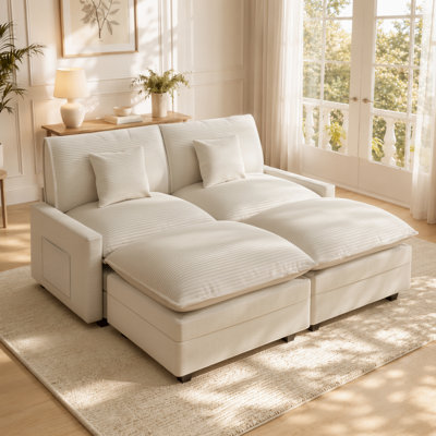 74" Upholstered Loveseat Sofa with 2 Ottomans, Corduroy Couch For Apartment Bedroom Living Room Office