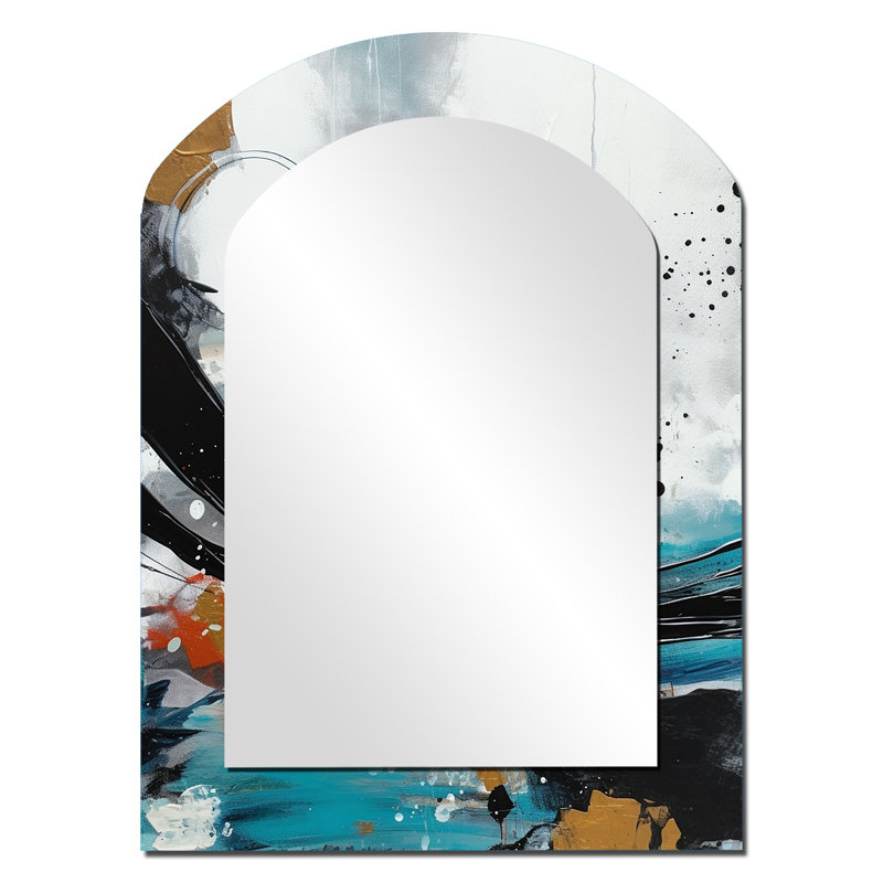 Exploration de Boho Simplicity III - grand miroir mural arqué abstrait, miroir décoratif asymétrique gris, impression d'art en métal
