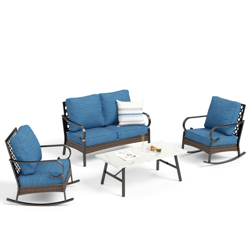 4-Person Patio Furniture Set With Rocking Lounge Chairs, Peacock Blue