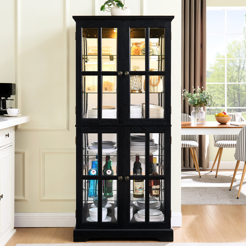 Vitrine antique avec verre noir, tablettes réglables, base et ampoule complémentaire pour portes vitrées, support, décor