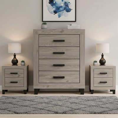 3-Piece Transitional Light Gray Bedroom Storage Set with Four Drawer Chest and Two Nightstands in Solid and Medium Density Fiberboard Wood