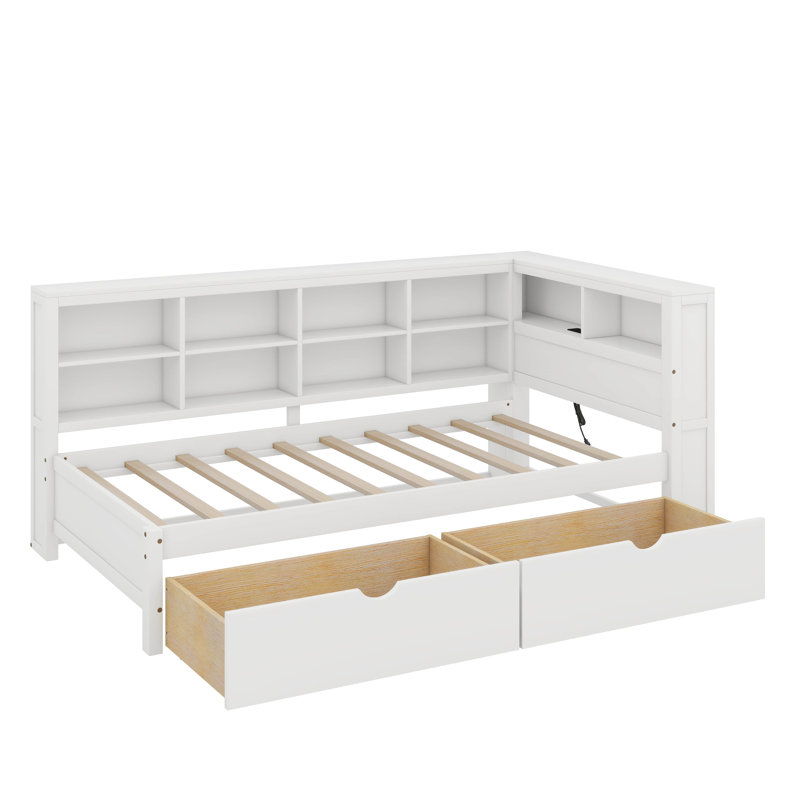 Lit de jour en bois avec tiroirs, tablette et port USB, Lit simple, Blanc