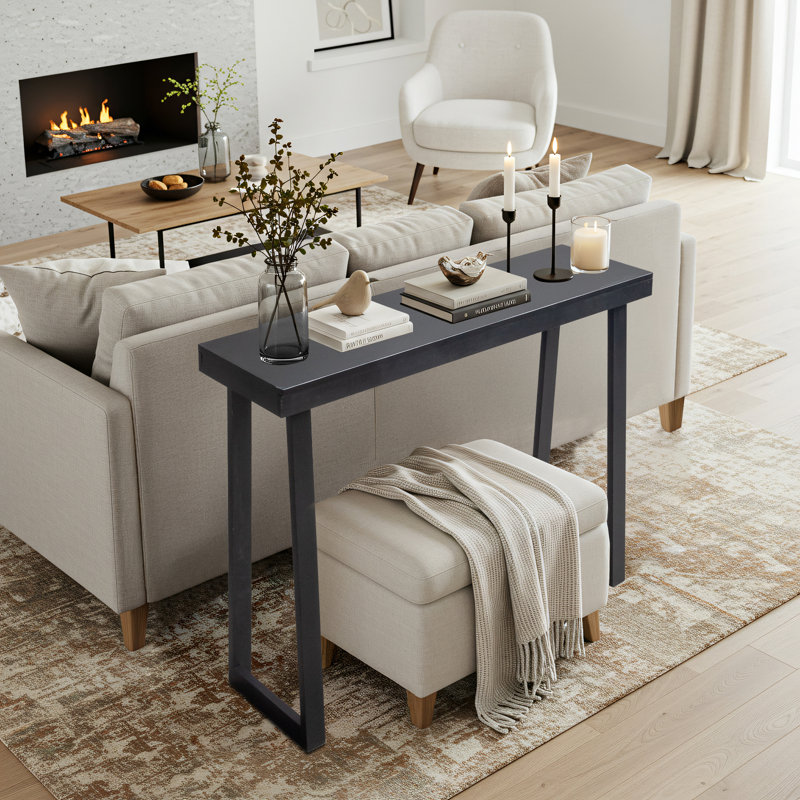 43.3" Solid Wood Trapezoidal Leg Narrow Console Table Enterway Table Black, 31.9" H x 43.3" W x 12" D, Black